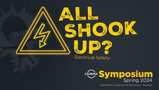 yellow text on a black background that reads 'All Shook Up' alongside a hazard sign with a lightning bolt arrow pointing downwards. In the bottom right corner, the text 'Symposium Spring 2024' is displayed