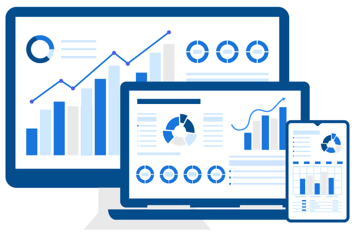 A graphic depicting a desktop, laptop, and mobile phone, each displaying various statistics such as graphs, data, and analytics.