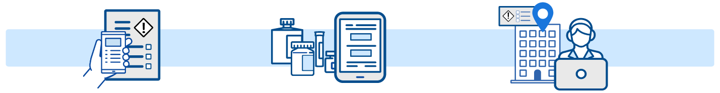 On the left, an icon of a hand holding a mobile phone with a background form managing inventory. In the middle, an icon of chemicals with phone barcodes being added. On the right, an icon of an individual at a laptop with building, location, and warning symbols in the background.