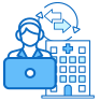 Healthcare worker working from home on laptop, with a hospital to the right. 