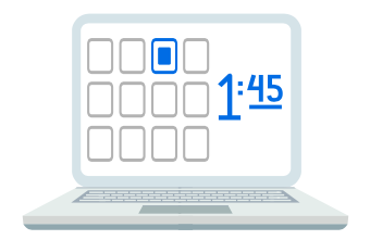 An interface graphic displaying a computer screen with a time and date grid, highlighting a selection with a timestamp of 1:45.